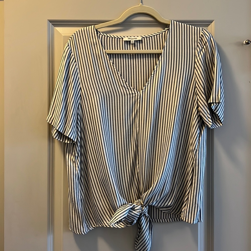 Madewell blue and white stripe v neck tie blouse